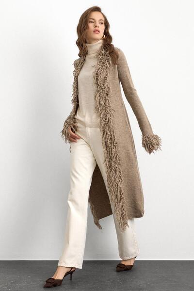 Olcay Μακρύ πλεκτό ζακέτα με λεπτομέρεια φούντας VİZON 8281