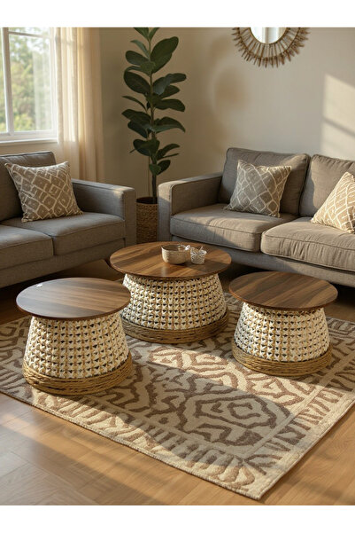 Living Set of 3 Round Wooden Tables with white Straw Base and Warm Brown Top