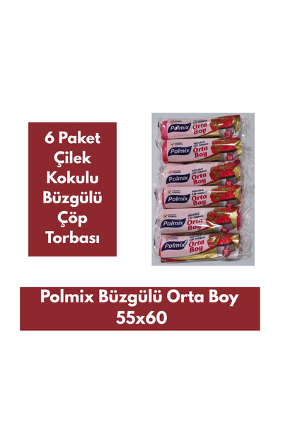 Polmix Büzgülü Orta Boy Çilek Kokulu Çöp Torbası 55x60 6 paket x 10 adet =60 ...