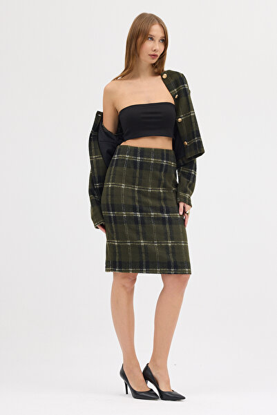 Laranor Desen3 Πράσινη βαμβακερή καρό υφασμάτινη φούστα με φερμουάρ ημέρας - Νυχτερινή κομψότητα 25L8142