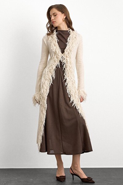 Olcay Tassel Detailed Long Knit Cardigan Stone 8281