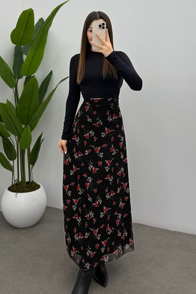 Ladima Fusta din tul cu fermoar, cu imprimeu cu frunze roșii, cu detaliu din ...