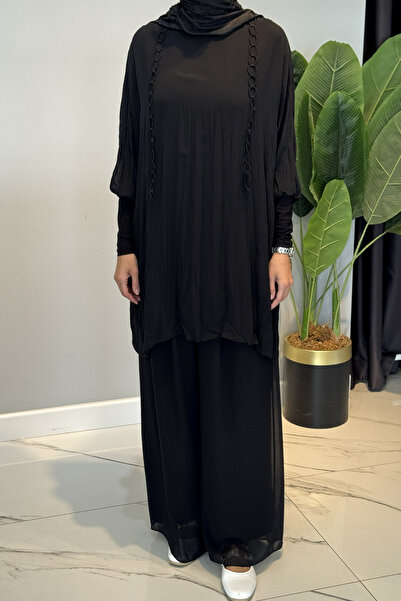 Ceremony Kolu Sandy Detailed Chain Ring Embroidered Classy Trouser Suit 5912 Black