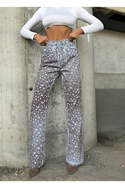 HerTon Gri Leopar Desenli Düz Paça Jean