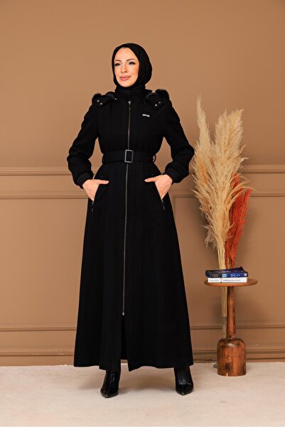 Doque Kışlık Kadın Siyah Kaşe Pardesü Fermuarlı 58011