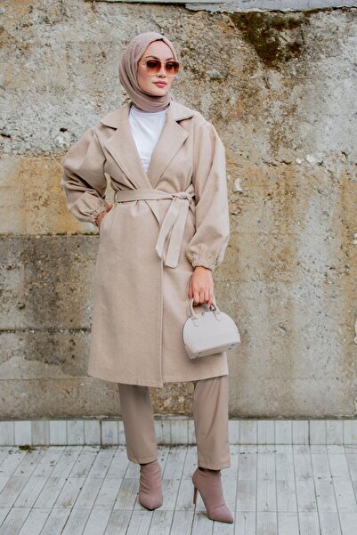 Tesettür Çarşım Balon Kol Astarsız Yün Kaşe Kaban-Bej