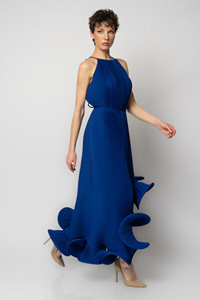 RENGIN Etek ucu volanlı komple piliseli krep abiye elbise