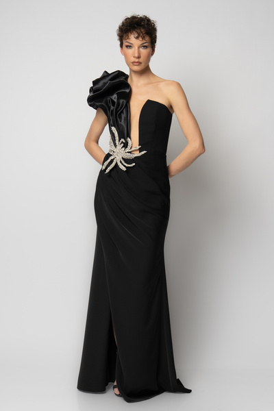 RENGIN Tek omzu organze beli taş işli krep abiye elbise