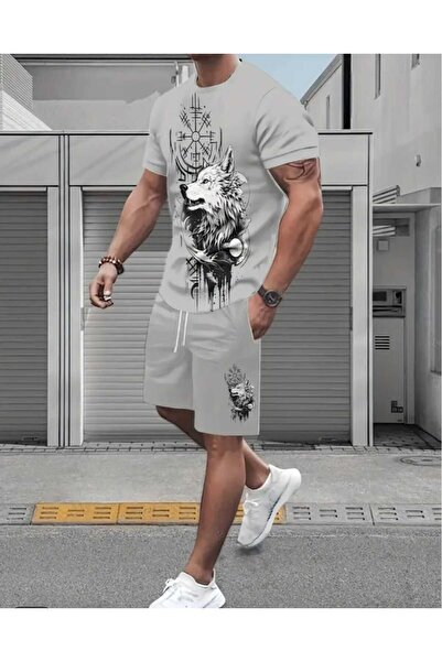 ORVIO Group Men's Wolf Print T-Shirt and Shorts Set