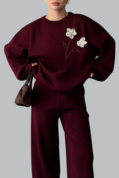 mefru Women's Sweater Trousers Rose Detailed Bottom Top Double Knitwear Set