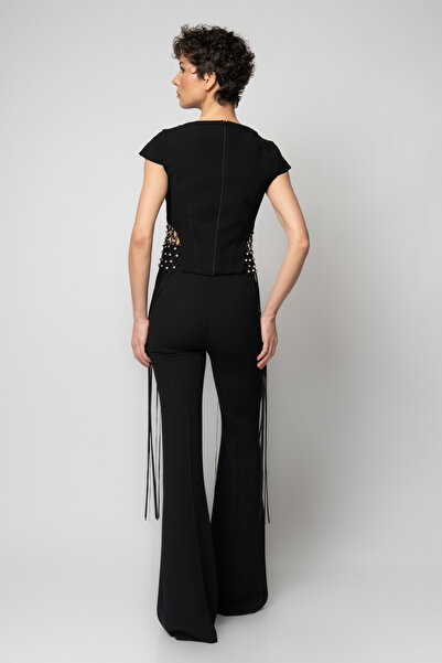 RENGIN Beli kafesli saçaklı üst krep pantolon ikili abiye takım