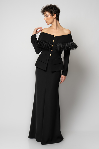 RENGIN Robası organze saçaklı düğme detaylı krep abiye elbise