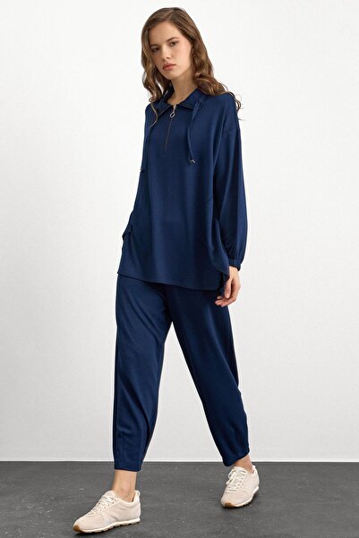 Olcay Knitted Sweat Suit with Zipper and Cup Detail Dark Blue 9385-Tk