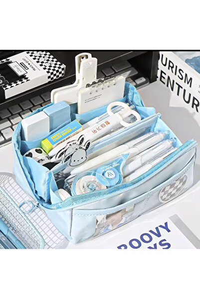 synshop Kawaii Mavi Renk Kore Çok Bölmeli Büyük Kapasite Kalemlik Kalem Kutu Düzenleyici Makyaj Çantası