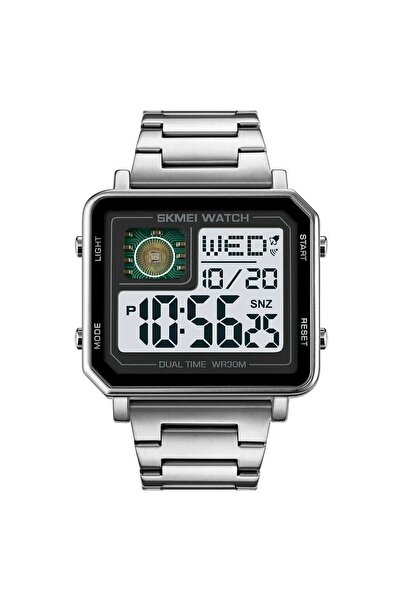 Skmei Ceas de mână bărbătesc cu LED-uri digitale, pătrat, cu iluminare din spate luminoasă, casual, argintiu