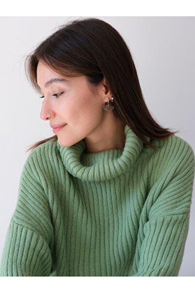 Butik Una Fiaba-Green Pulover cu gât roșu pentru femei, simplu, gros, material reiat cu textura moale