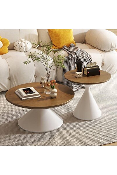 ESMART Set of 2 Round Brown & White Coffe Table 70cm+50cm, Solid Wood Tops & Carbon Steel Base