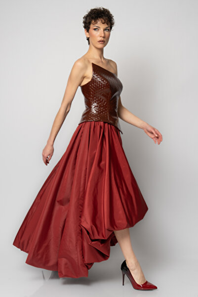 RENGIN Deri büstiyerli tafta balon etekli abiye elbise