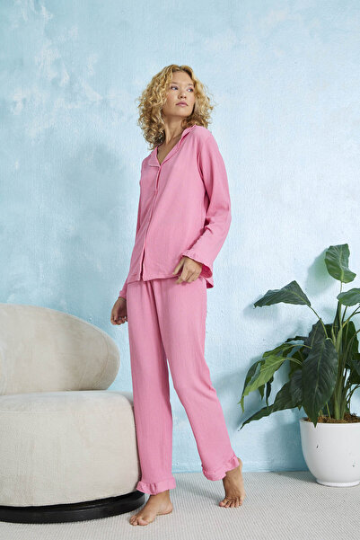 STELLAPİNK Pembe Düğmeli Uzun Kollu Bürümcük Pijama Takımı
