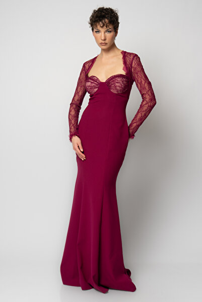 RENGIN Göğsü kolları ve sırtı dantelli uzun kollu krep abiye elbise