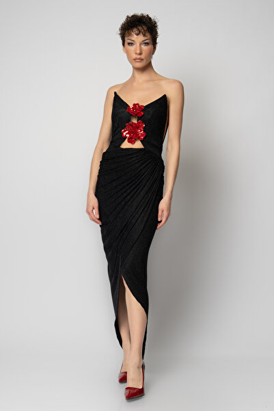 RENGIN Göğüs ortası payet çiçekli anvelop etekli şerit simli örme abiye elbise