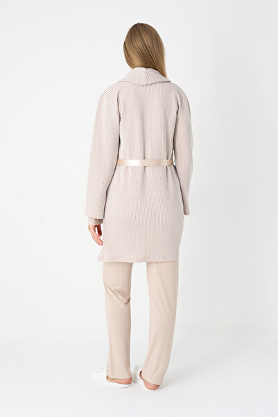 ERDENİZ TEKSTİL Lohusa ve Hamile Pijama ve Jakarlı Çizgili Sabahlık Takımı Önü Düğmeli Uzun Kollu Pijama 3'lü Takım