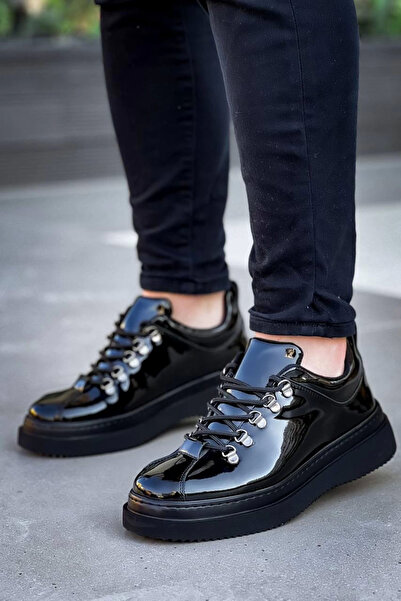 Zerenyus Zrk-X4 Black Patent Leather High Sole Lace-Up Casual Men's Sneaker