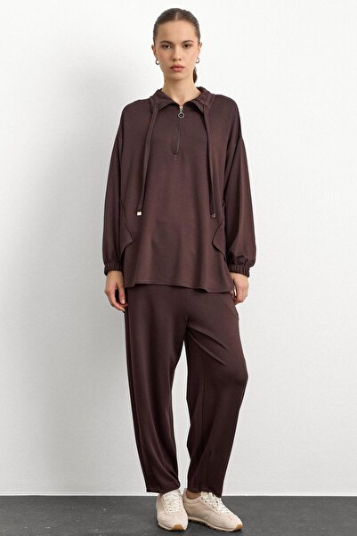 Olcay Knitted Sweat Suit with Zipper and Cup Detail Brown 9385-Tk