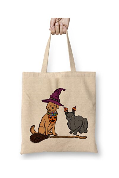 Toyaso Halloween Dog & Cat Witch Animal Friends Біла тканинна сумка з довгими ручками Сумка для покупок Сумка для пляжу