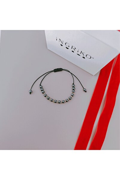 iNGRiKO 14k Gold Bracelet with Adjustable Cord, Gold Balls and Gray Hematite 4mm