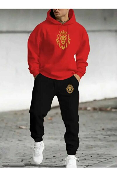 ORVIO Group Erkek Taçlı Aslan Baskılı Kapüşonlu Eşofman Takımı