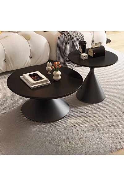 ESMART Set of 2 Round Black Coffee Table 70cm+50cm, Solid Wood Tops & Carbon Steel Base