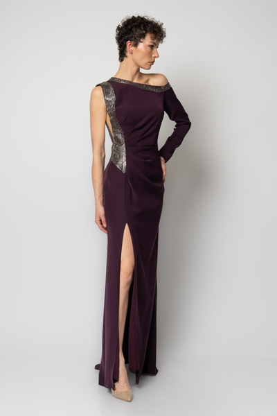 RENGIN Yakası ve tek yanı taşlı tek kollu abiye elbise