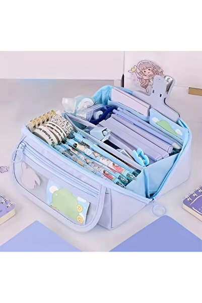 synshop Kawaii Mavi Renk Kore Çok Bölmeli Büyük Kapasite Kalemlik Kalem Kutu Düzenleyici Makyaj Çantası