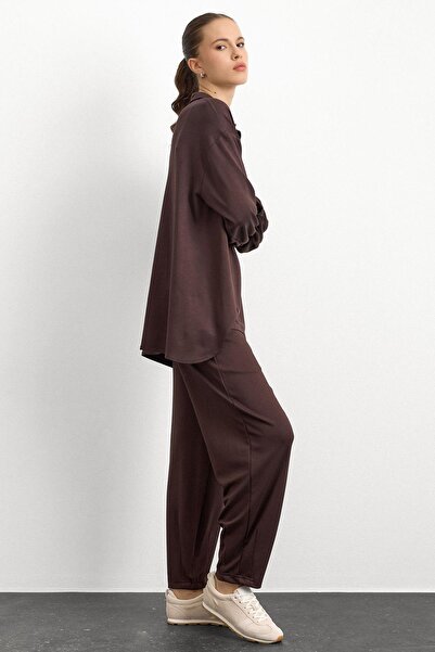 Olcay Knitted Sweat Suit with Zipper and Cup Detail Brown 9385-Tk