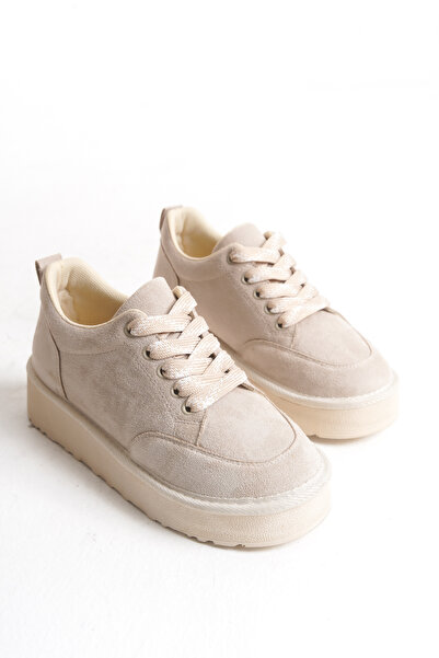 Solo Bag Kalın Taban Bağcıklı Süet Ortopedik Bej Günlük Kadın Spor Ayakkabı