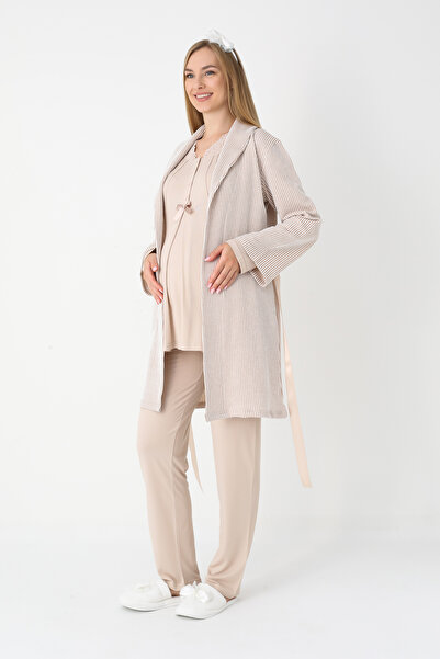 ERDENİZ TEKSTİL Lohusa ve Hamile Pijama ve Jakarlı Çizgili Sabahlık Takımı Önü Düğmeli Uzun Kollu Pijama 3'lü Takım