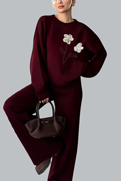 mefru Women's Sweater Trousers Rose Detailed Bottom Top Double Knitwear Set