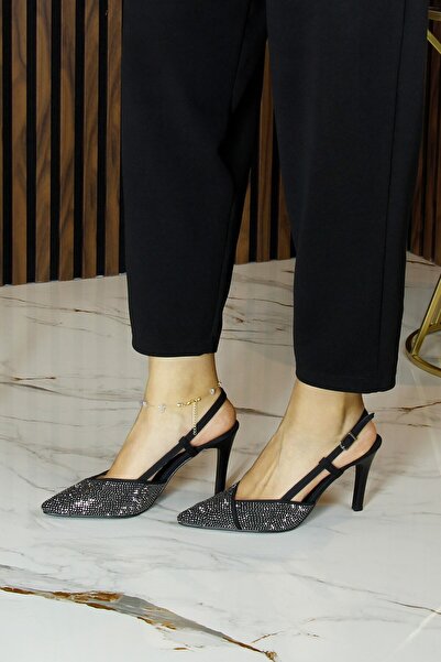 Erkan Saçmacı Sacha Premium Black Crepe Stone Open Back Pointed Toe Thin Heeled Evening Dress Shoes