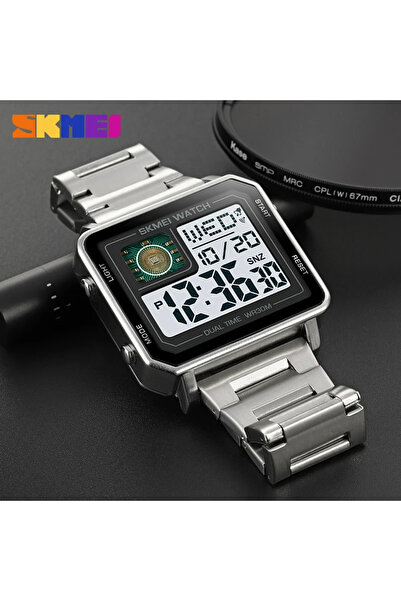 Skmei Ceas de mână bărbătesc cu LED-uri digitale, pătrat, cu iluminare din spate luminoasă, casual, argintiu