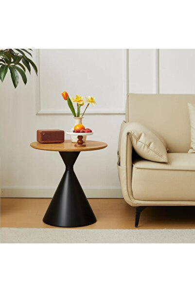 ESMART Set of 2 Round Brown & Black Coffee Table 70cm+50cm, Solid Wood Tops & Carbon Steel Base