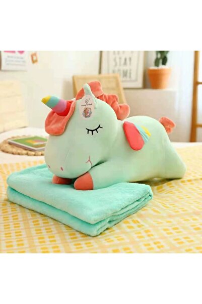 Tescomak Set de pătură și pernă pentru copii, jucărie de pluș unicorn, verde ...