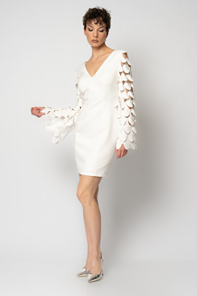 RENGIN İspanyol kollu yuvarlak lazer kesimli krep abiye elbise