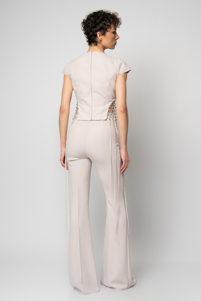 RENGIN Beli kafesli saçaklı üst krep pantolon ikili abiye takım