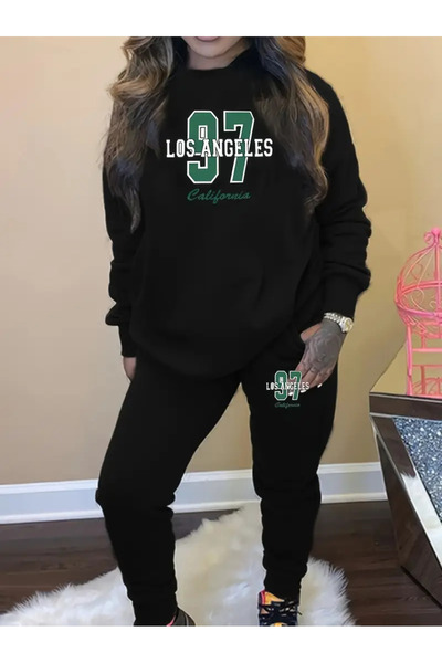 AEMİ Women's 97 Los Angeles Printed Crew Neck Sweatshirt and Jogger Sweatpants - Bottom Top Set