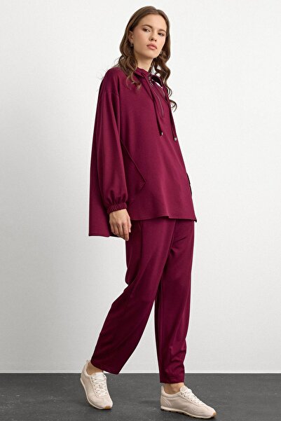 Olcay Knitted Sweat Suit with Zipper and Cup Detail Bordo 9385-Tk