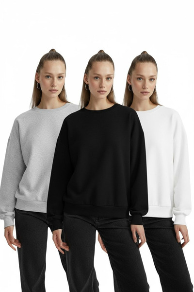 Bliss Women's 3-Piece Black White Gray Oversize Crew Neck 3 Thread Basic Sweatshirt