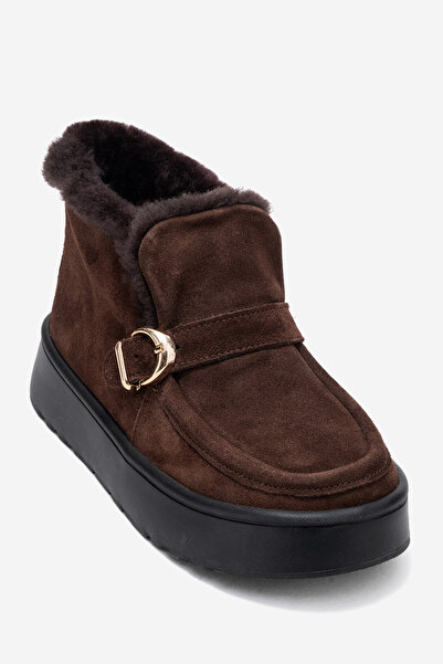 Dericlub Women's Ankle Length Furry Boots Real Leather Rc 604 Brown