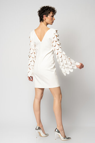 RENGIN İspanyol kollu yuvarlak lazer kesimli krep abiye elbise