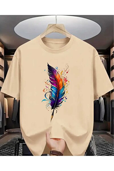 ORVIO Group Men's Colorful Feather Printed Oversize T-Shirt